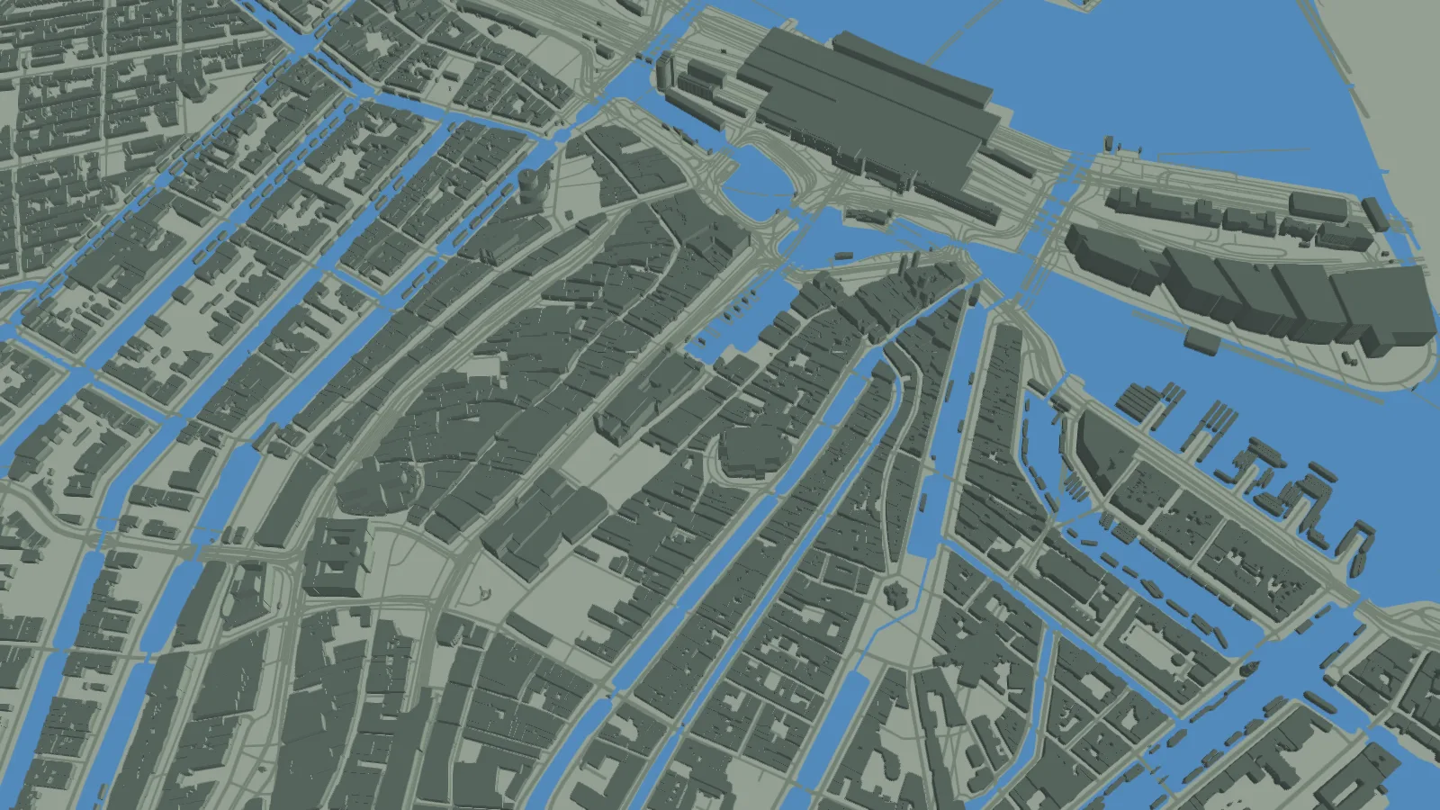 Het Damrak en de omliggende Amsterdamse gebouwen op de SotiDo-globe.