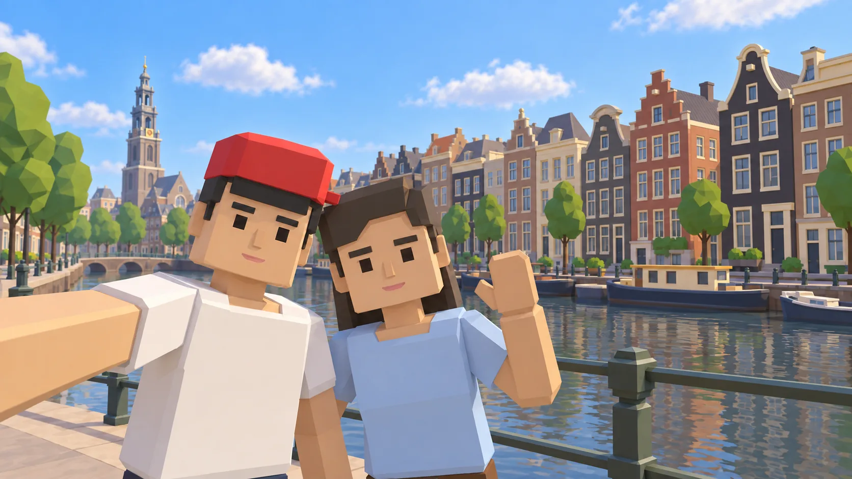 Twee SotiDo-personages maken een selfie bij de Amsterdamse grachtenpanden.