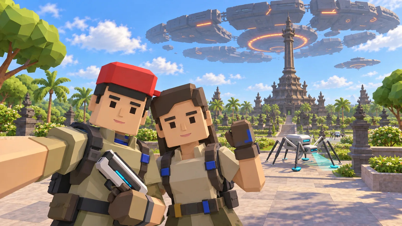 Illustration of two SotiDo | Play explorers near Bajra Sandhi monument in Denpasar, with an alien ship and cybernetic scanner creatures