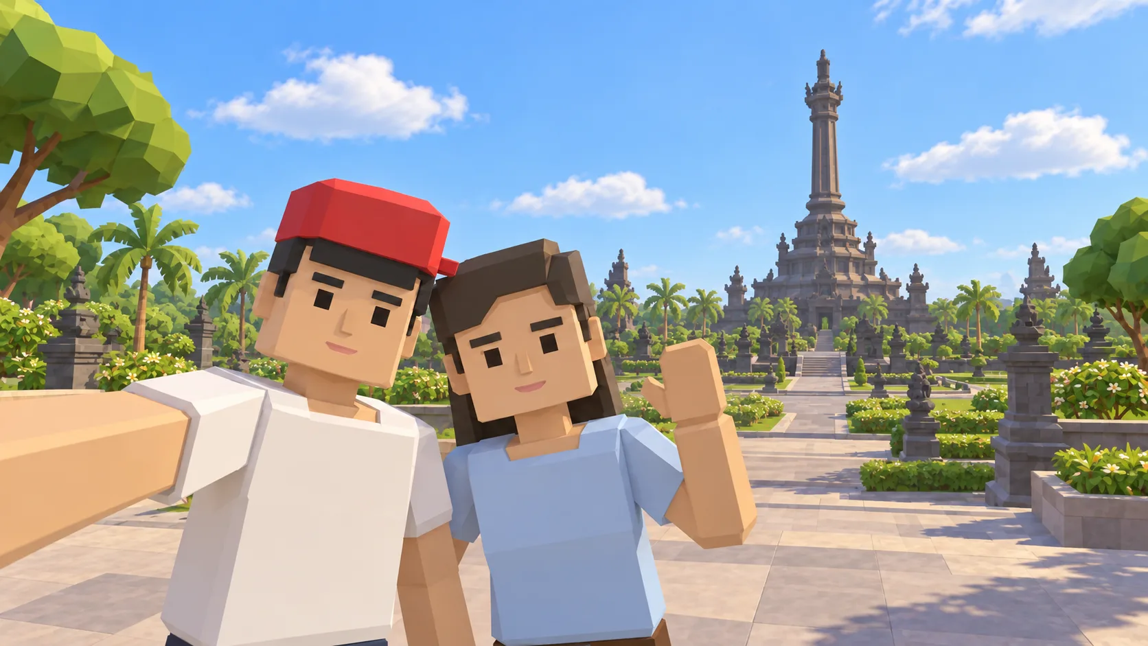 Illustration of two SotiDo | Play friends taking a selfie in Bali near the Bajra Sandhi monument