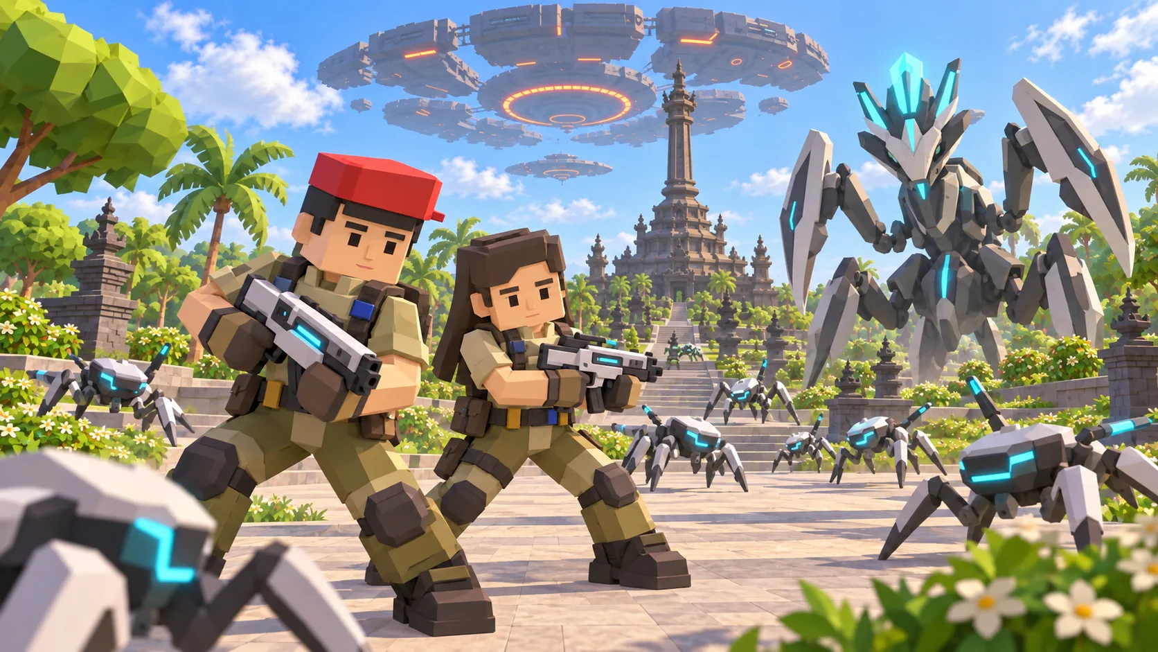 Illustration of two SotiDo | Play characters facing cyber gecko scouts and a large orchid-mantis cyber boss in Bali