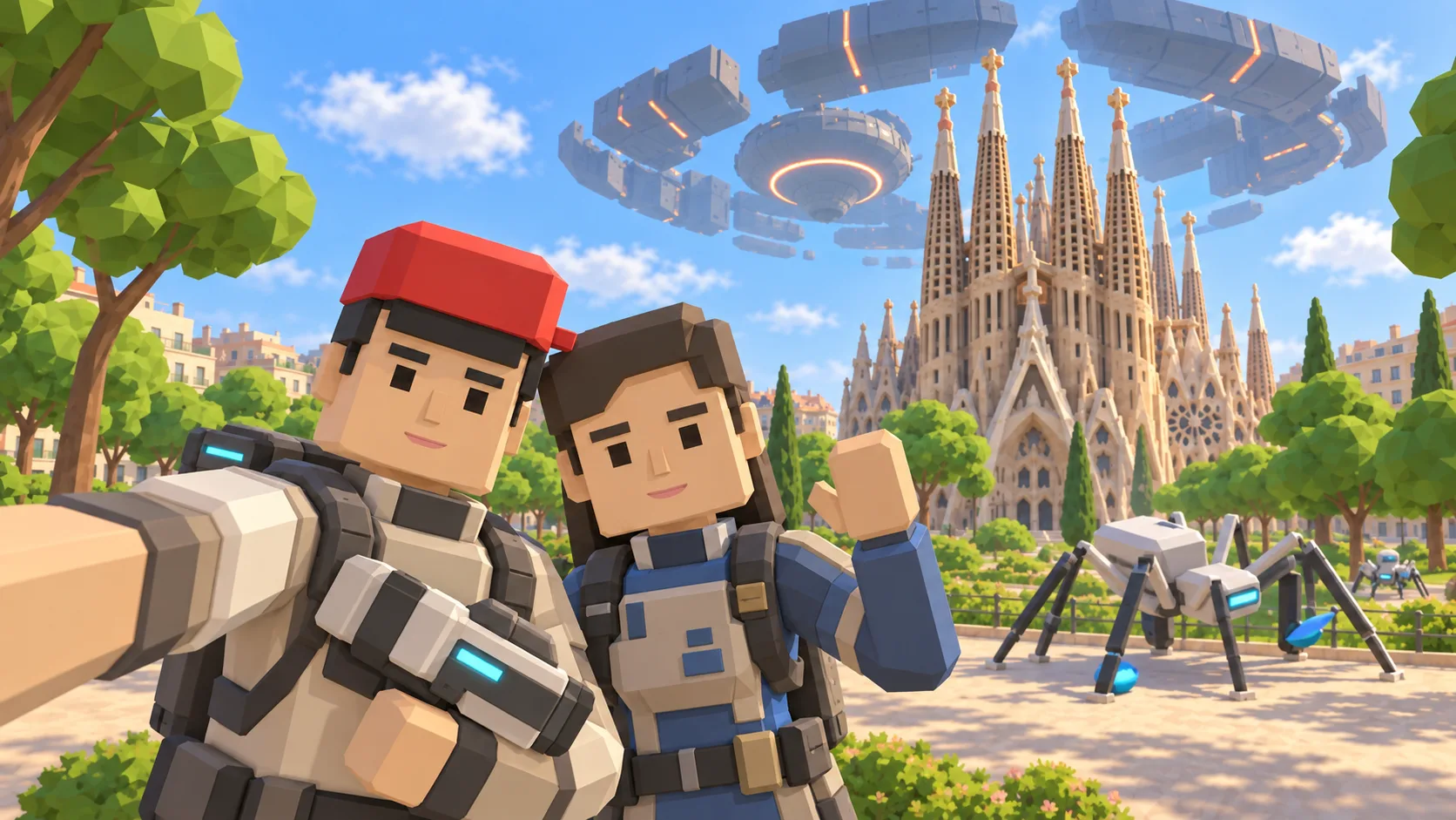 Dos personajes de SotiDo con equipo de exploración ante la Sagrada Familia, bajo una nave alienígena y junto a criaturas escáner.
