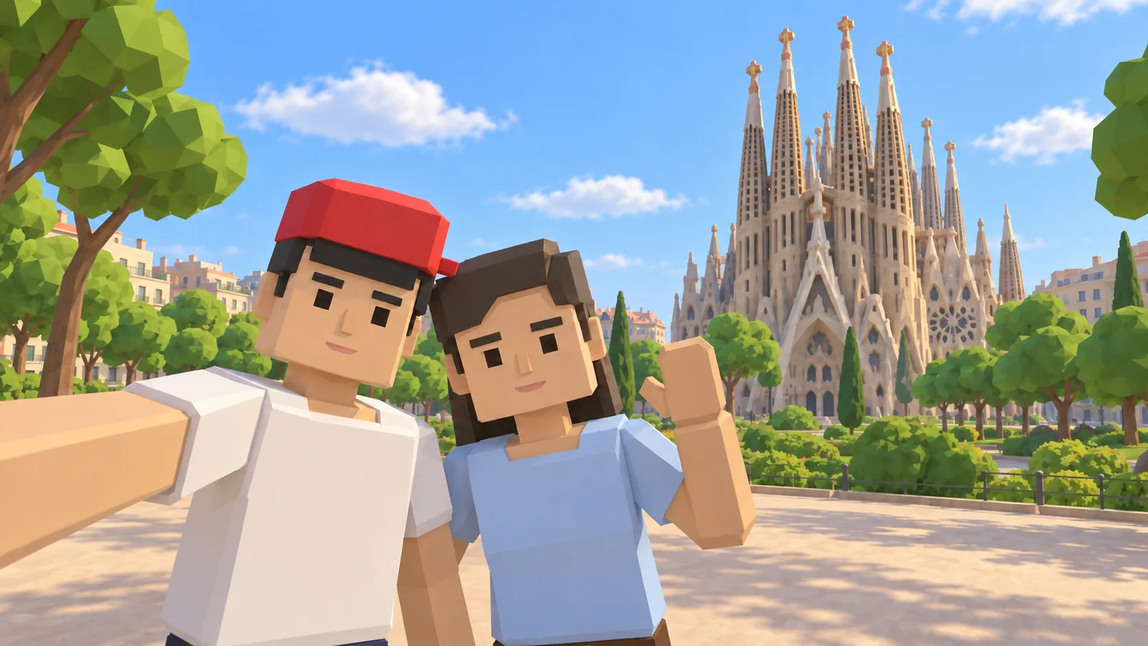 Dos personajes de SotiDo se hacen un selfi frente a la Sagrada Familia de Barcelona.
