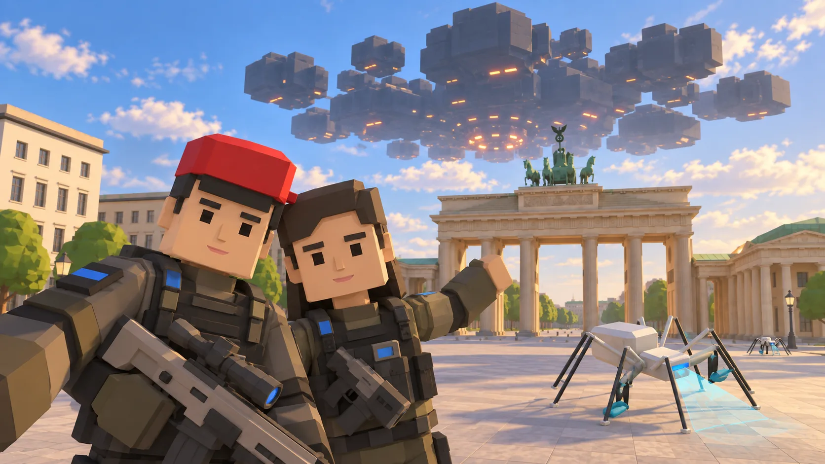 Zwei SotiDo-Figuren in Expeditionsausrüstung am Brandenburger Tor, während ein außerirdisches Schiff und Scannerwesen erscheinen.