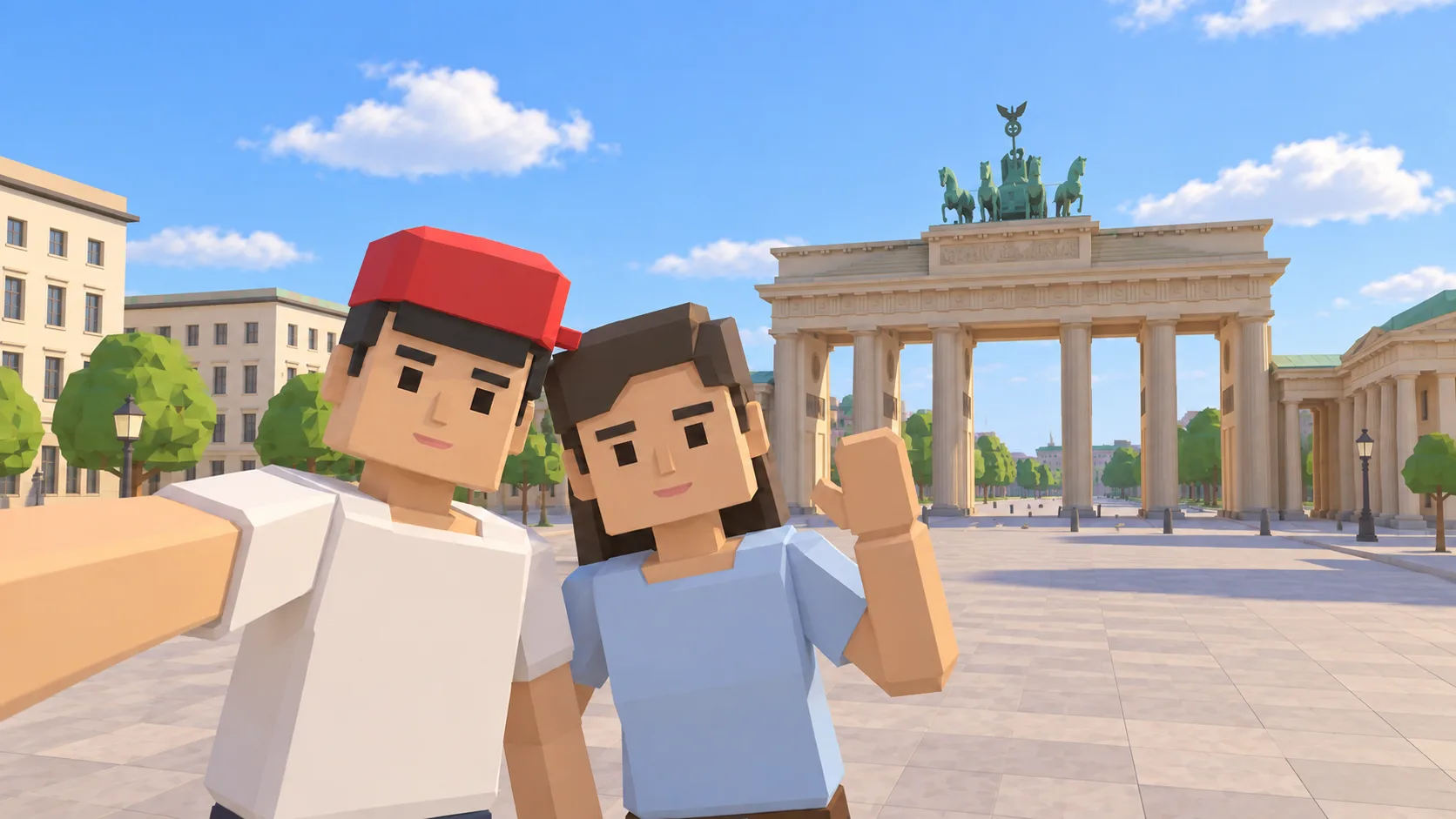Zwei SotiDo-Figuren machen ein Selfie am Brandenburger Tor in Berlin.