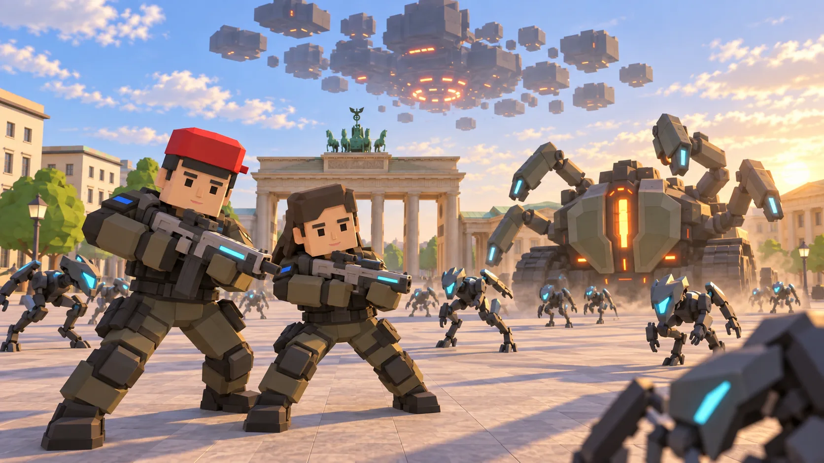 Zwei SotiDo-Figuren verteidigen das Brandenburger Tor gegen Cyberraptoren und einen großen Alien-Boss.