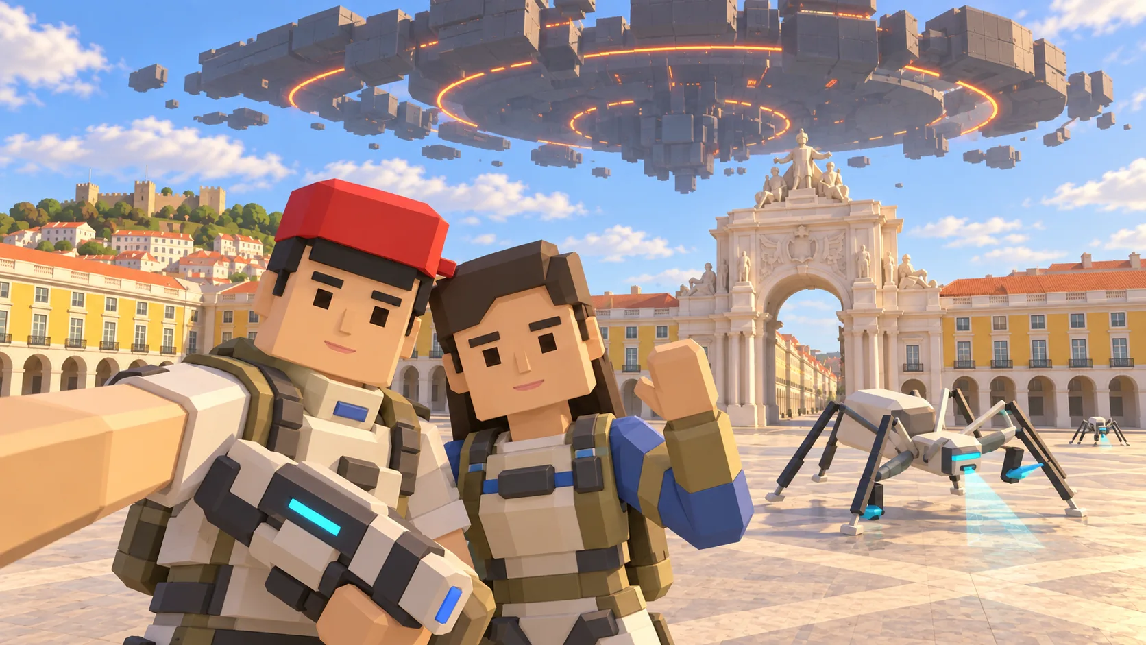 Duas personagens SotiDo com equipamento de exploração na Praça do Comércio, sob uma nave alienígena e junto de criaturas scanner.
