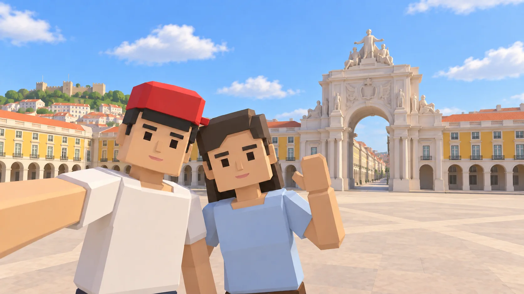 Duas personagens SotiDo tiram uma selfie na Praça do Comércio em Lisboa.