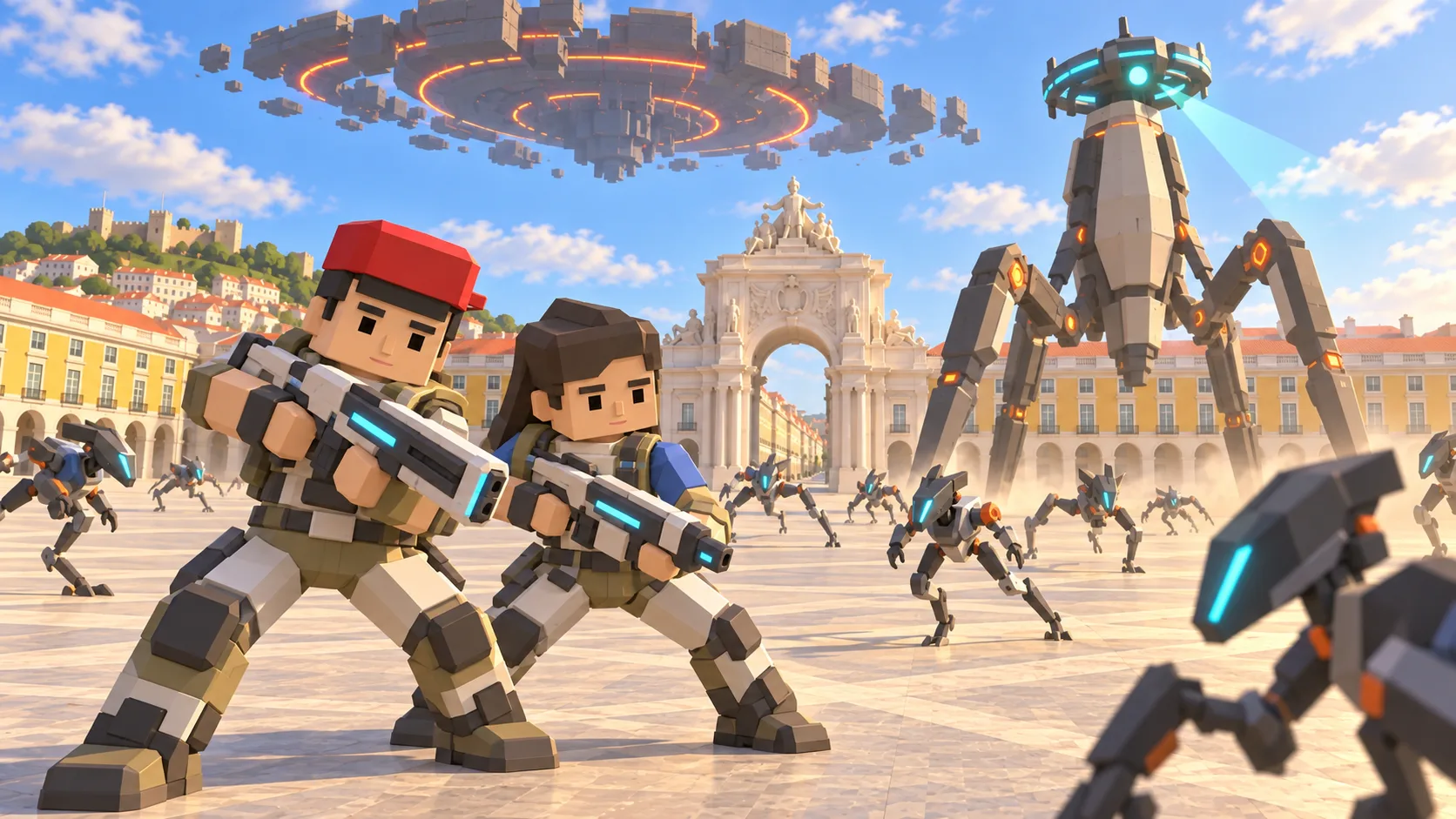 Duas personagens SotiDo defendem a Praça do Comércio de uma vaga de raptores cibernéticos e de um grande chefe alienígena.