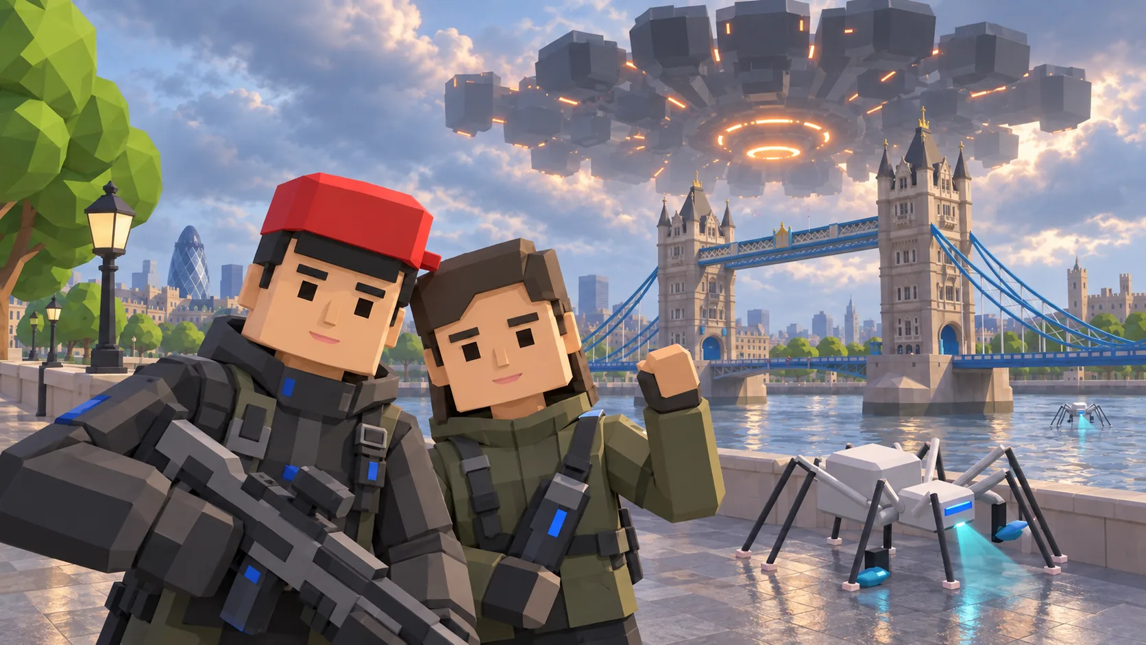 Two SotiDo characters in exploration gear near Tower Bridge as an alien ship and scanner creatures appear overhead.