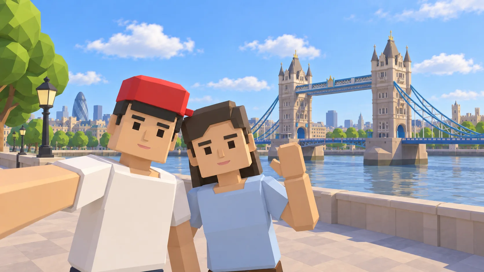 Two SotiDo characters taking a selfie by Tower Bridge in London.