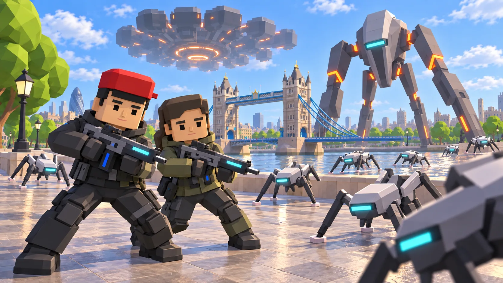 Two SotiDo characters defend Tower Bridge from cyber hounds and a large alien walker.