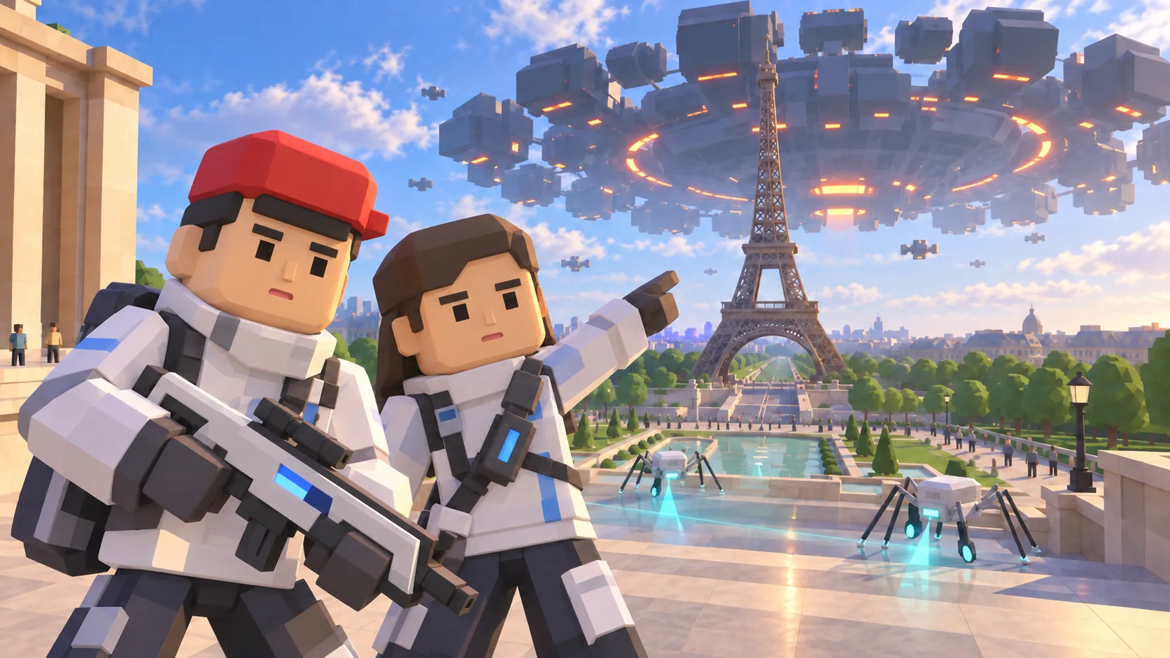 Illustration of two SotiDo | Play explorers near the Eiffel Tower, with an alien ship and cybernetic scanner creatures