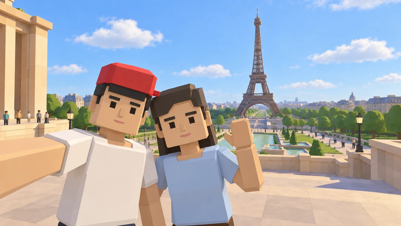Illustration of two SotiDo | Play friends taking a selfie near the Eiffel Tower