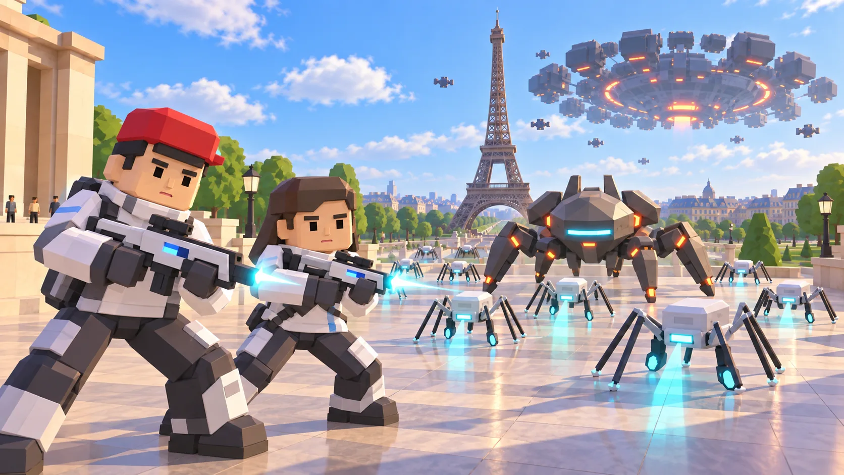 Illustration of two SotiDo | Play characters facing cyber arachnid scanners and a large armored cyber scarab boss in Paris