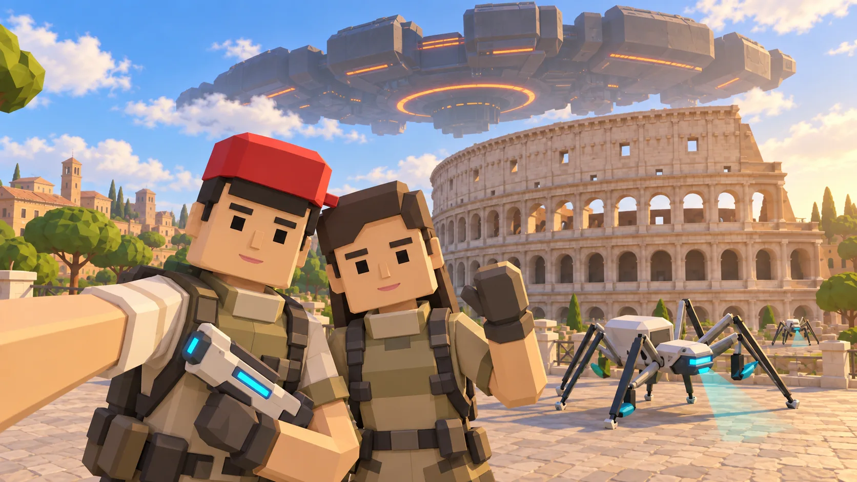 Due personaggi SotiDo in equipaggiamento da esplorazione vicino al Colosseo, con un’astronave aliena e creature scanner.