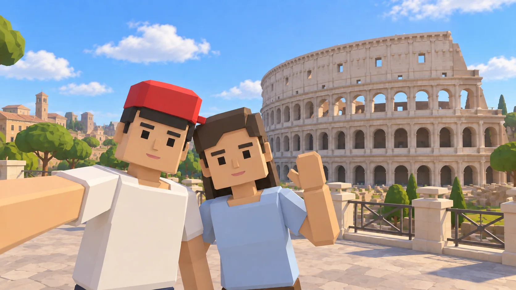 Due personaggi SotiDo si scattano un selfie davanti al Colosseo a Roma.