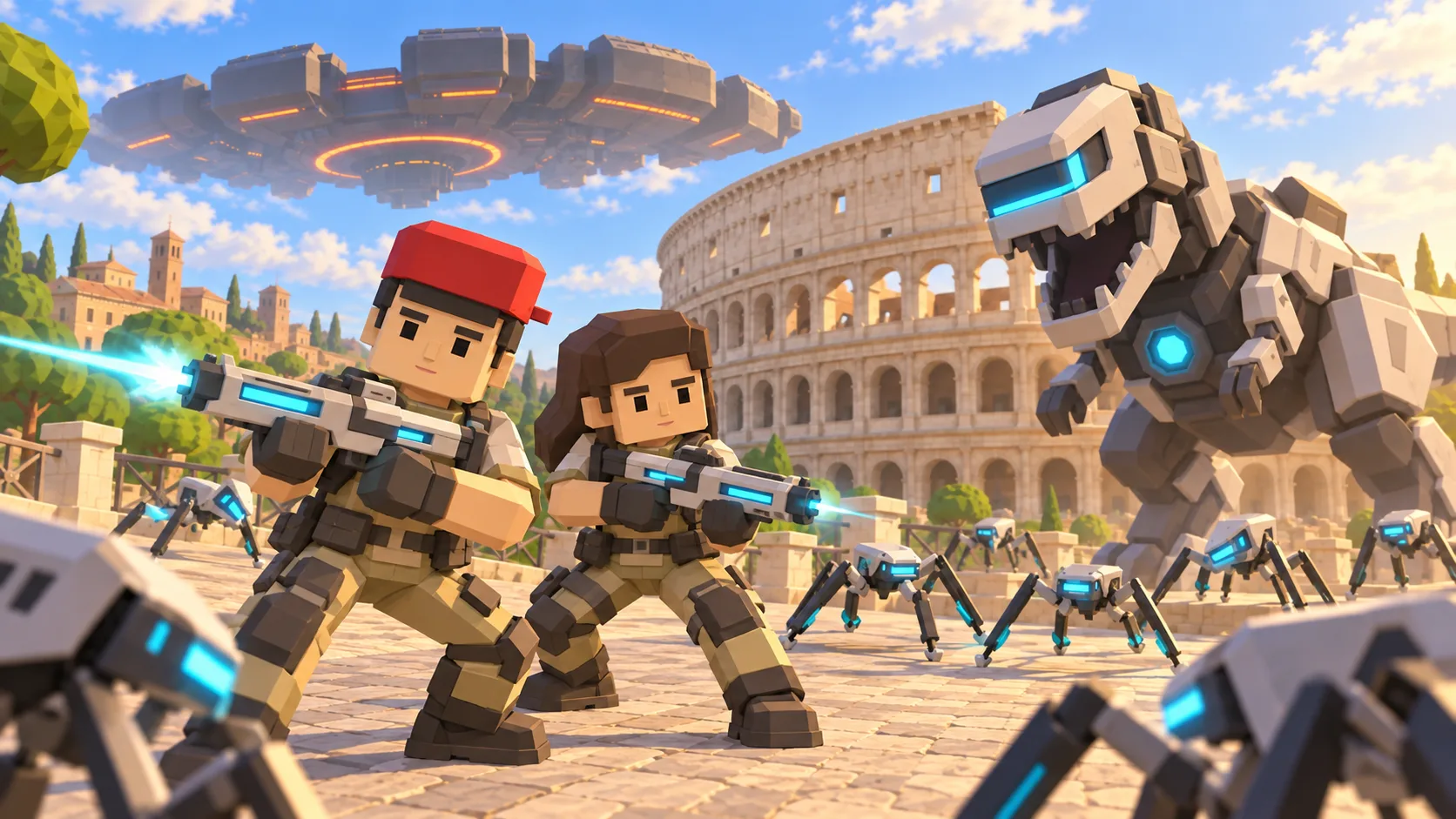 Due personaggi SotiDo difendono il Colosseo da una squadra di lucertole cibernetiche e da un grande boss tirannosauro.