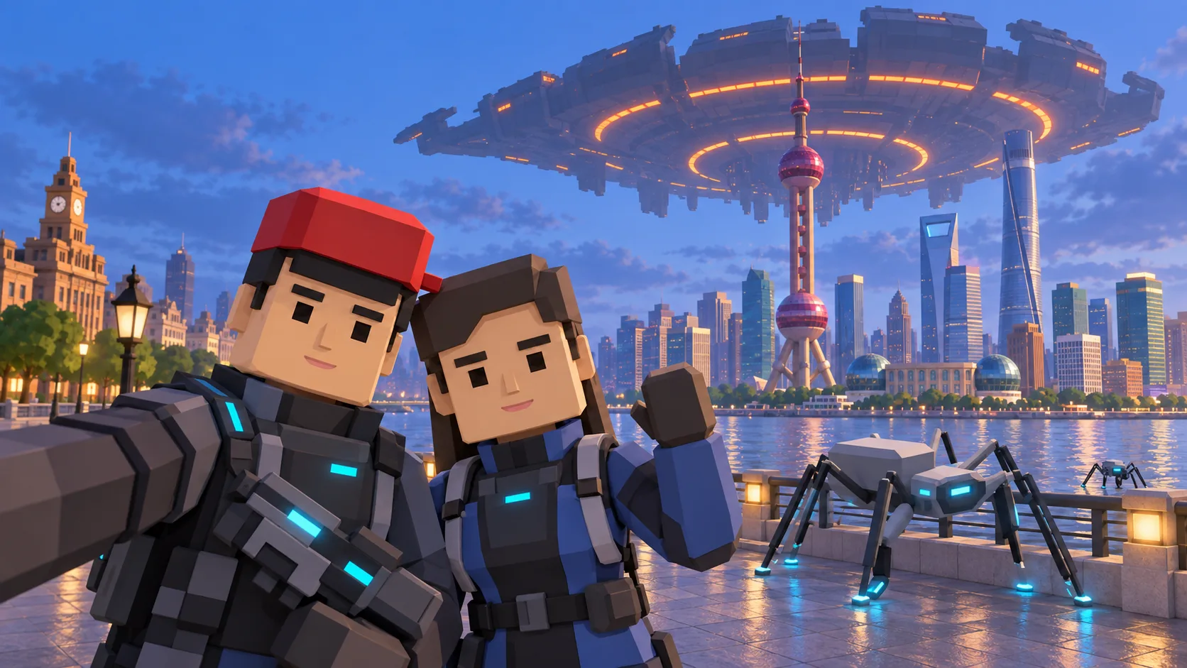Illustration of two SotiDo | Play explorers near the Bund and Pudong skyline, with an alien ship and cybernetic scanner creatures