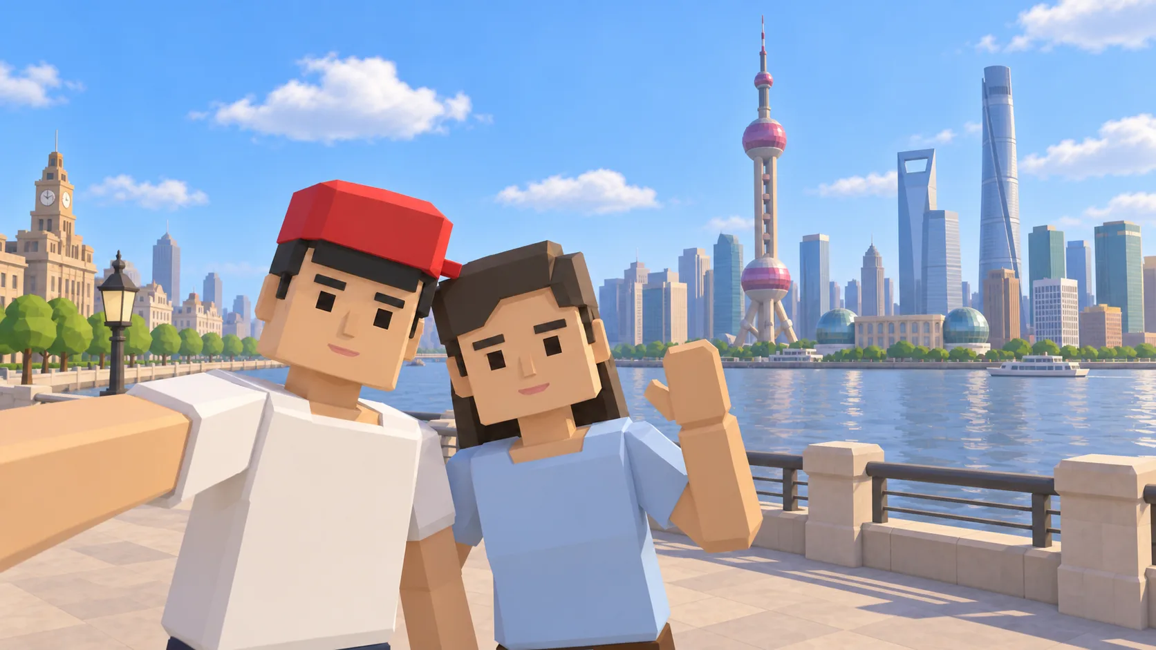 两个SotiDo角色在上海外滩自拍,背后是浦东天际线。