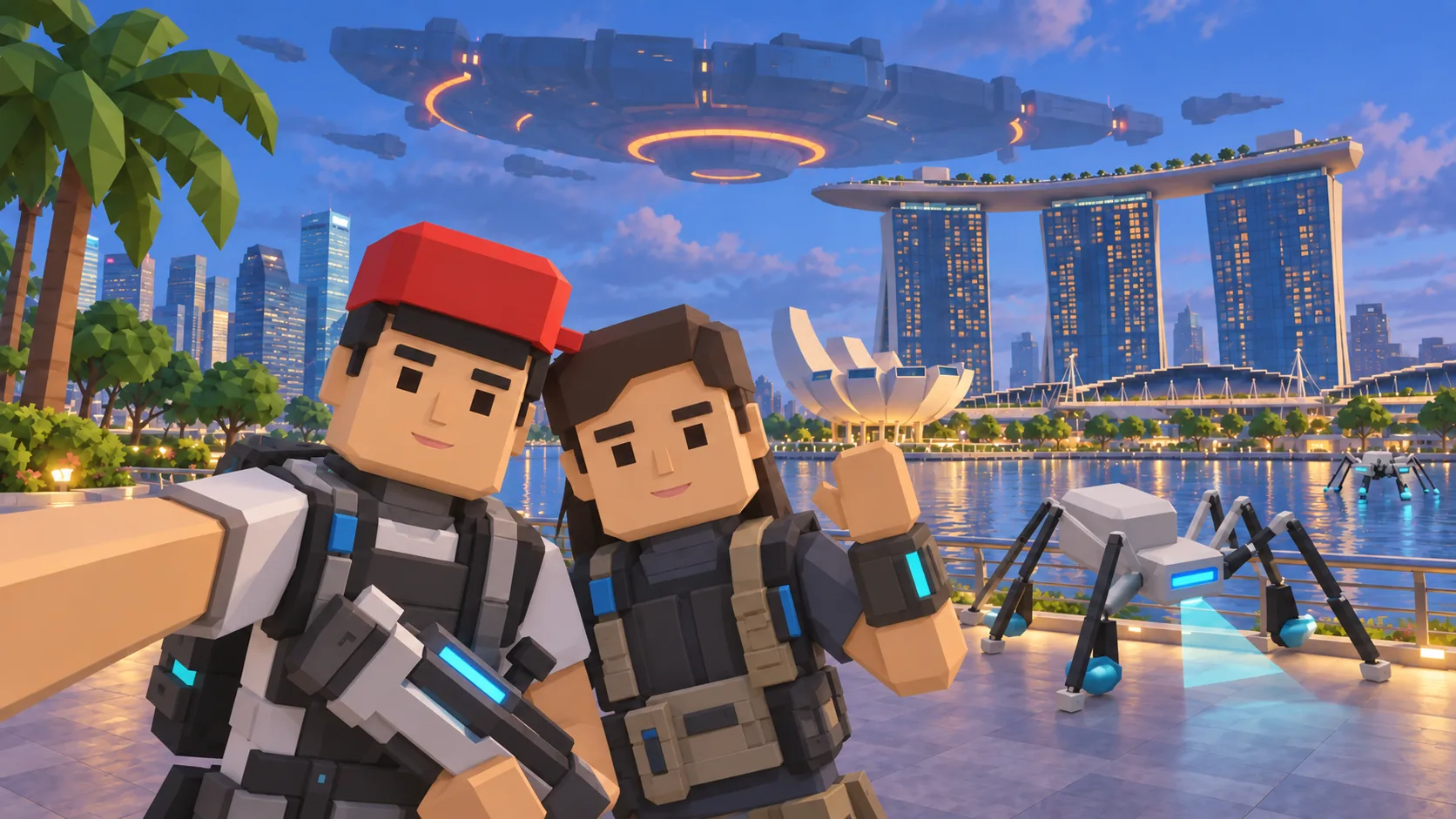 Illustration of two SotiDo | Play explorers near Marina Bay Sands, with an alien ship and cybernetic scanner creatures