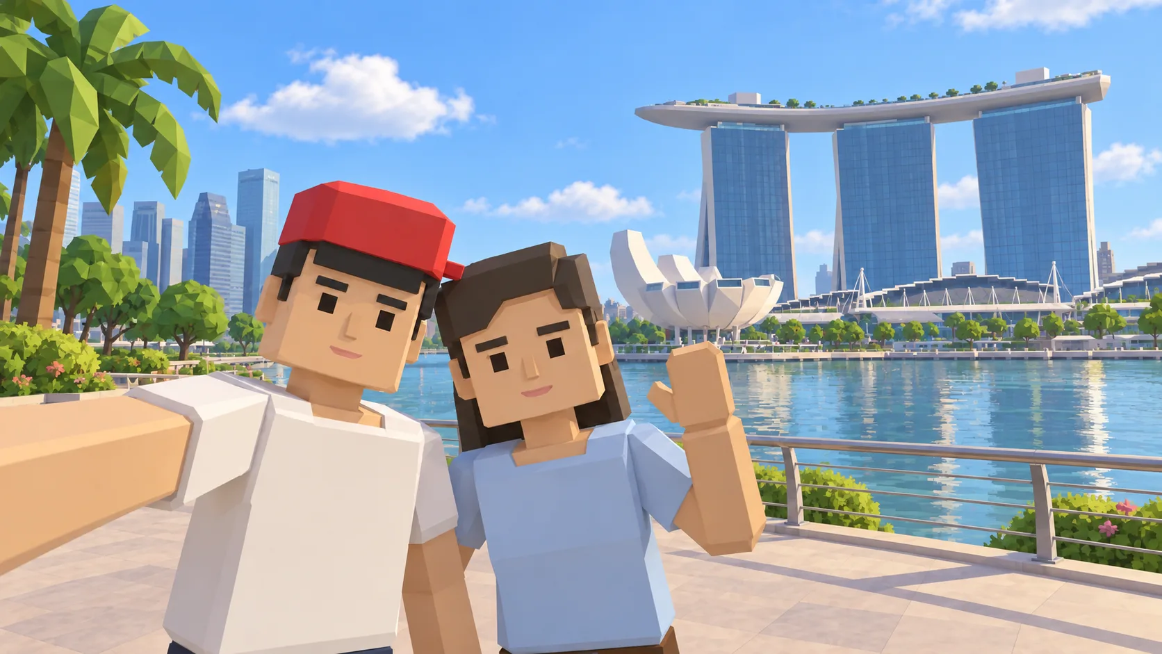 Illustration of two SotiDo | Play friends taking a selfie at Singapore Marina Bay
