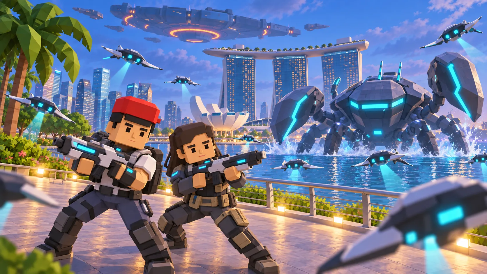 Illustration of two SotiDo | Play characters facing hovering cyber manta scanners and a large amphibious cyber crab boss in Singapore