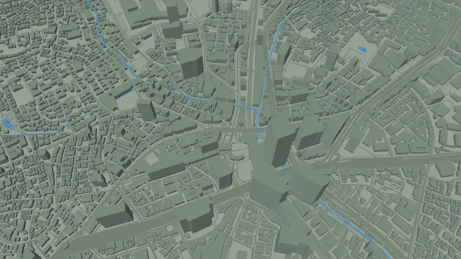 SotiDoの地球儀に表示された渋谷スクランブル交差点と周辺の3D建物。
