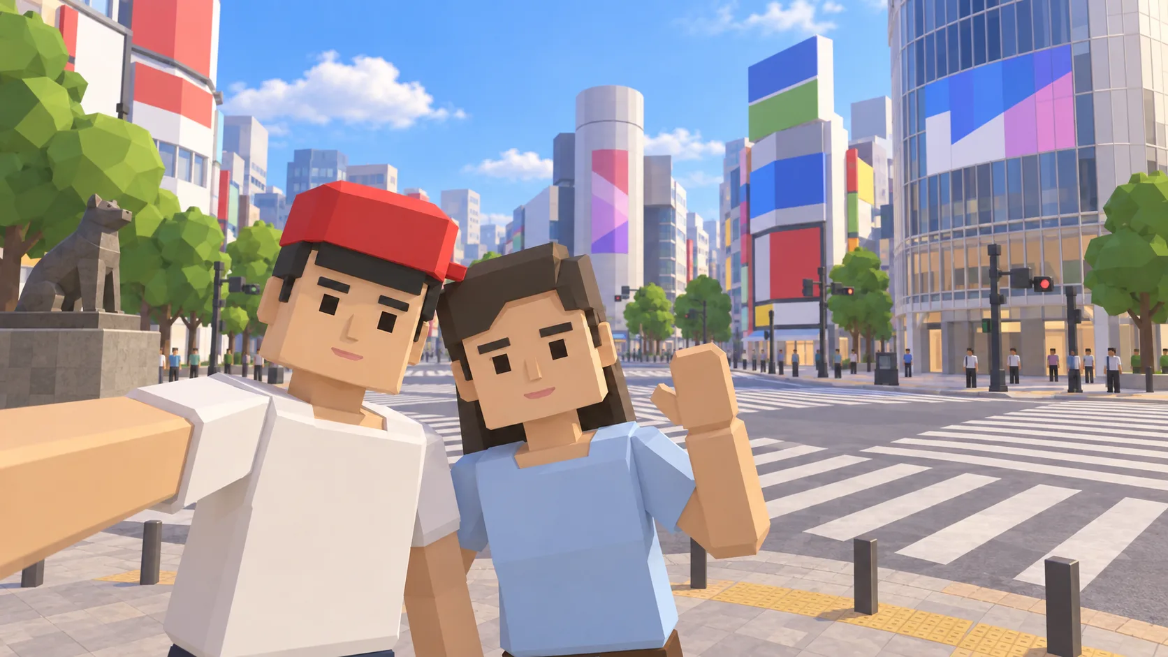 渋谷スクランブル交差点で自撮りをする2人のSotiDoキャラクター。
